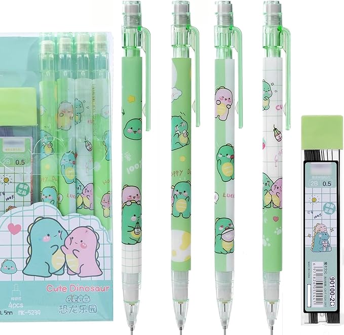 4PCS Cute Cartoon Dinosaur Mechanical Pencils Set with Tubes 0.5 mm Pencil Refills Back to School Gift for Teens Student (Green)