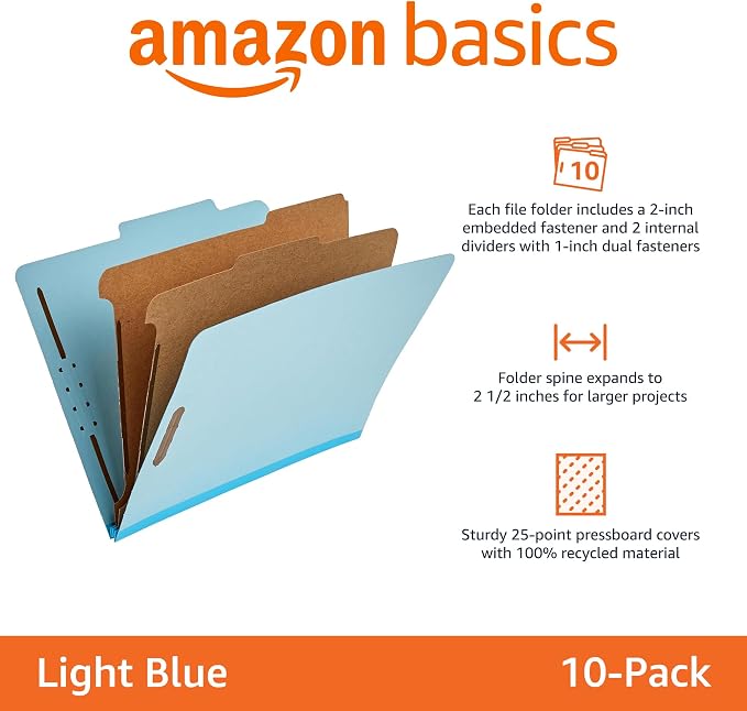 Amazon Basics Classification Folder with Prongs, 100% Recycled, 2 Dividers, 2" Embedded Fasteners, Letter Size, for Documents Organization, Light Blue, 10 Count