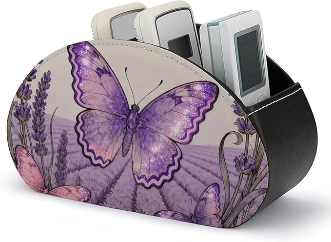 Butterfly Lavender Spike TV Remote Control Holder with 5 Compartments PU Leather Storage Container Caddy Desktop Organizer for Media Player Makeup Brush Pencil Glasses Office Supplies