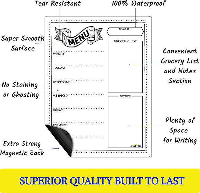 Magnetic Weekly Meal Planner for Fridge – 16” x 12” Dry Erase Menu Board with Grocery List & Notes – Stain-Resistant Whiteboard for Family Meal Planning Includes 3 Magnetic Markers & Eraser