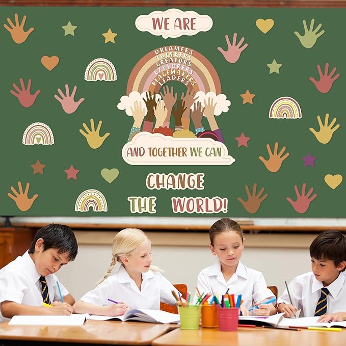 Lonfliness One World Together Classroom Decorations Boho Positive Rainbow Cutouts Motivational Bulletin Board Set Inspirational Classroom Wall Chalkboard Door Decor for Back to School Teacher Supplies
