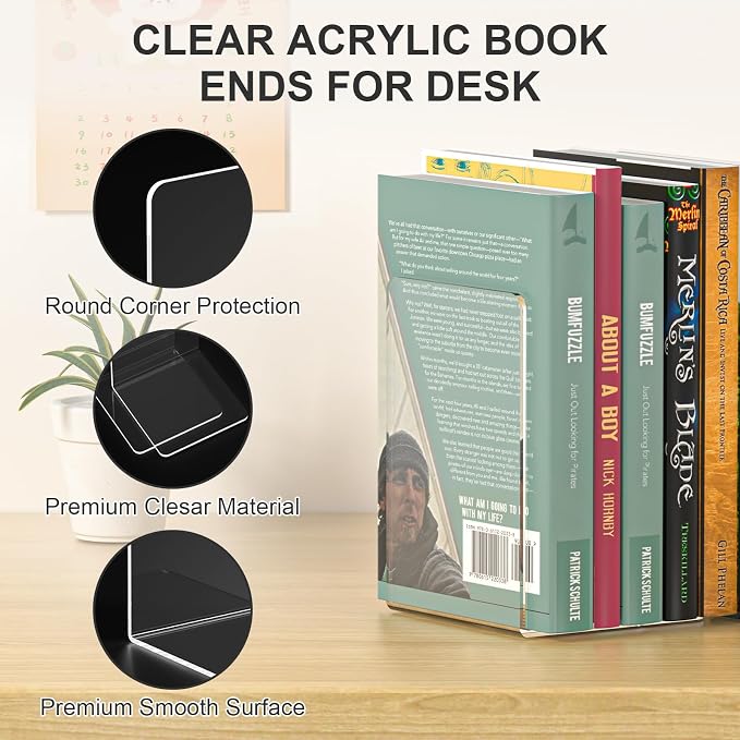 VFINE Acrylic Bookends 8 Pieces, Book Ends for Shelves, Clear Bookends for Shelves Decor Book Ends for Desktop Organizer, Book Stopper for Home Office School Supplies, 7 * 4.8 * 4.75 inch