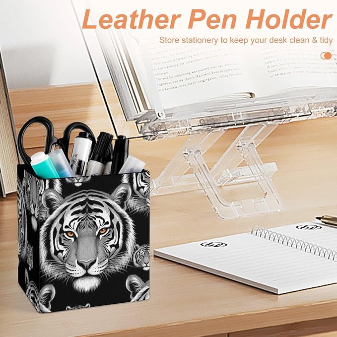 Holder Cup Makeup Brush Storage Organizer, Waterproof Multifunctional Office Supplies, Pen Holder Square Leather Pencil Animal Tiger Black