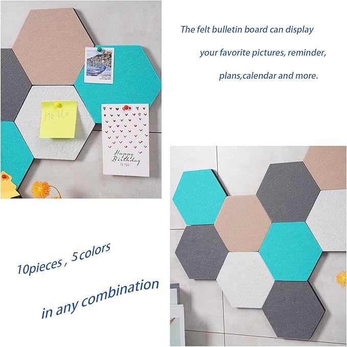 10Pcs Self Adhesive Felt Board Tiles Hexagon Bulletin Board for Walls, Felt Cork Pin Board for Pictures Photos Memos with Push Pins (Color D)