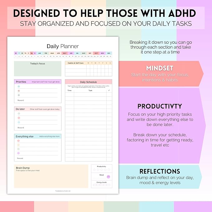 ADHD Daily Planner Notepad for Neurodivergent Adults - Productivity Daily Planner Desk Pad & Task Management to Stay Organized and Focused Note Pad (Rainbow, A4 Portrait)
