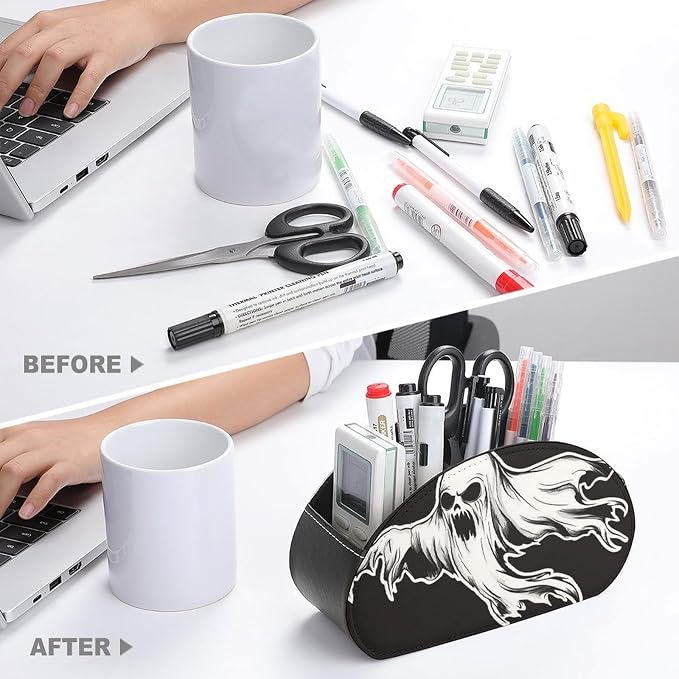 Creepy Ghost Remote Control Holder with 5 Compartments Leather TV Remote Caddy Remote Storage Box Desktop Organizer for Pen/TV Remotes/Media Controllers/Office Supplies
