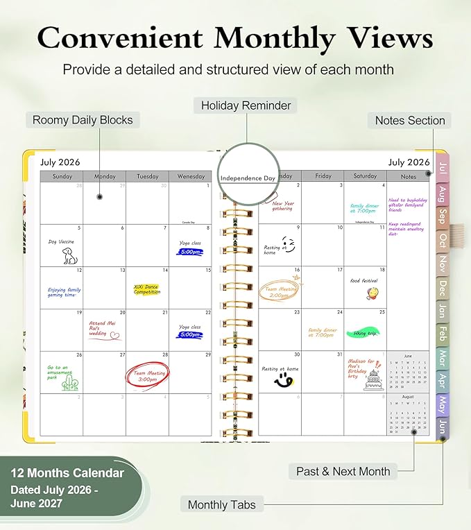 Academic Planner 2026-2027, Hardcover Weekly and Monthly Calendar Planner from July 2026 - June 2027, Daily Agenda Planners with Tabs, College School Organizer for Student Teacher, A5 (6.1" x 8.2"), Beige Bouquet