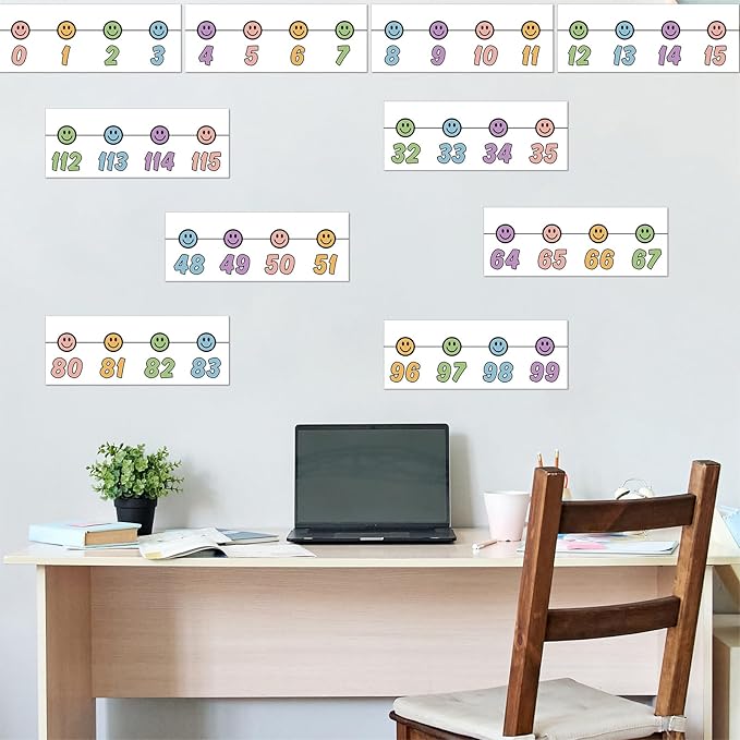 Whaline 32Pcs Pastel Number Line Bulletin Board Colorful Smile Face Number Line Boarder Strips Math Borders for Home Classroom Wall Decor