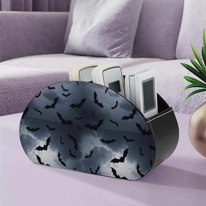 PU Leather Remote Desk Holder, 5-Slot Organizer for TV Controllers, Makeup Brushes, and Office Supplies, Bat