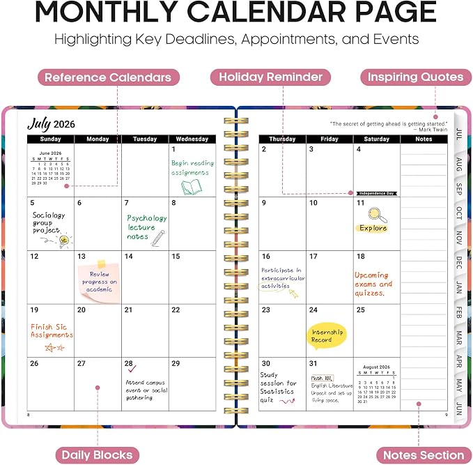 Planner 2026–2027, Academic Year Monthly & Weekly Calendar Book, Jul 2026–Jun 2027, Hardcover Organizer with Tabs, Student & Teacher Planner, 6.3" x 8.5", Vivid Garden