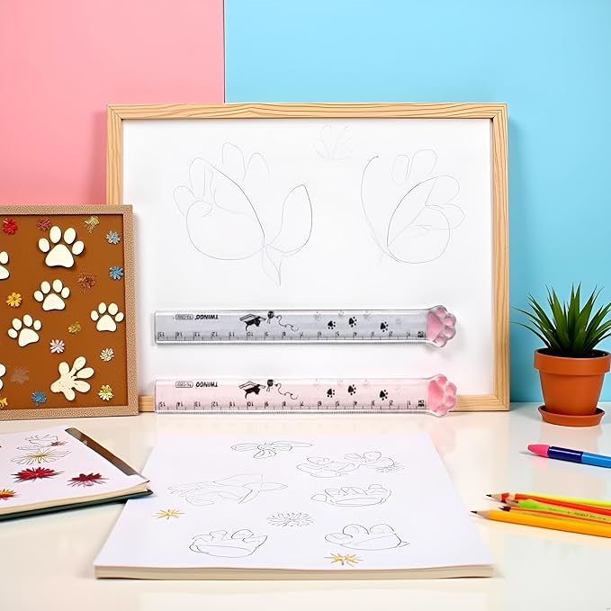 2 Pieces (15 cm) Cute Cat's Paw Straighter Ruler, Plastic Clear Student Ruler, for DIY Drawing/Line Drawing/Measuring/School/Home/Office Supplies, Children's Gifts Drafting Tools and Drafting Kits