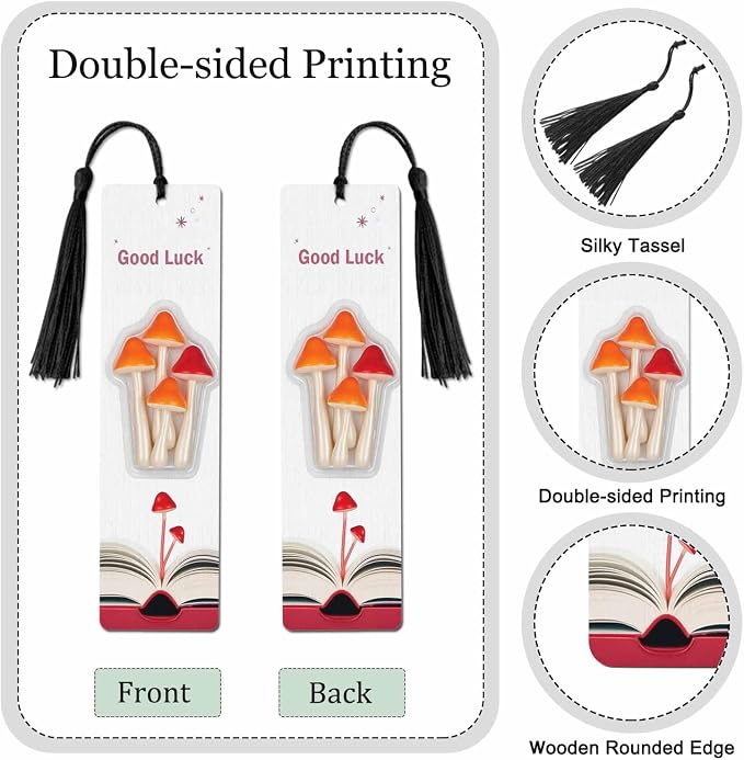 Mushroom Bookmarks Set 5 with Tassels Orange Red Luck Wooden Bookmarks for Reading Women Men Students Teachers School Supplies