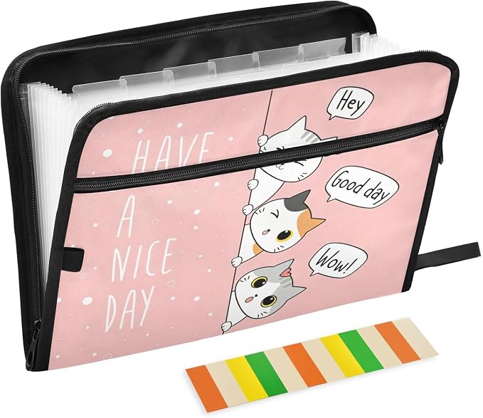 Kawaii Cats Pink Expanding File Folder with Sticky Labels, 13 Pockets Accordion File Folder Document Organizer Expandable Zip File Folder with Zipper Closure