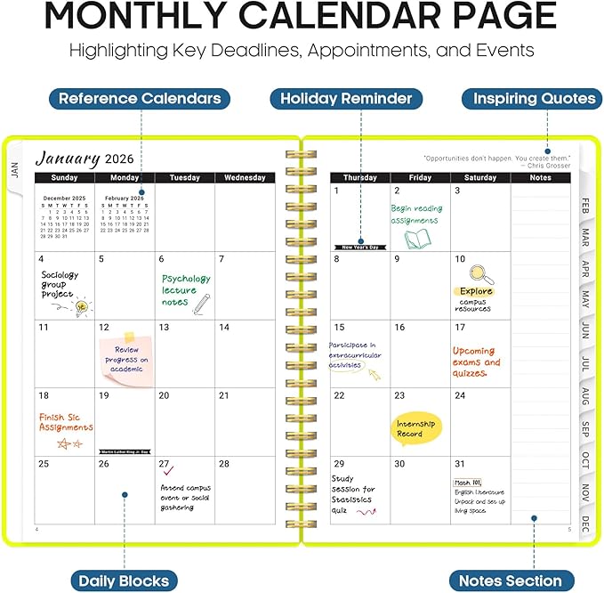 2026 Planner, Weekly and Monthly Calender Planner, Jan 2026 to Dec 2026, Hardcover 2026 Calendar Book with Tabs & Inner Pocket, Office Home School Supplies for Women & Men - A4 (8.5" x 11"), Lemon Yellow