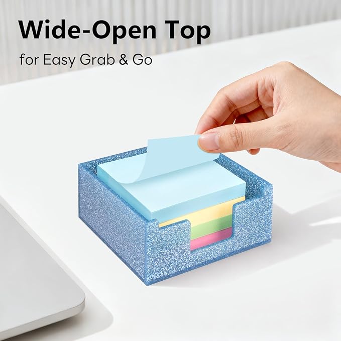 Sparkling Sticky Note Holder, Glitter Acrylic Organizer, 3.94 x 3.94 in Multi-Use Tray for Office, School & Home Desk (Blue)