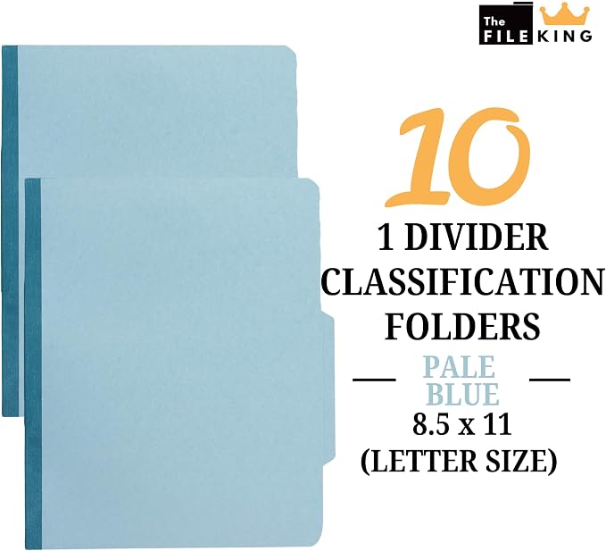 The File King One Divider Pale Blue Pressboard Classification File Folder - Letter Size | Box of 10 | Top Tab | 2” Expansion | Four 2-Inch Durable Fastener Prongs | USA Made