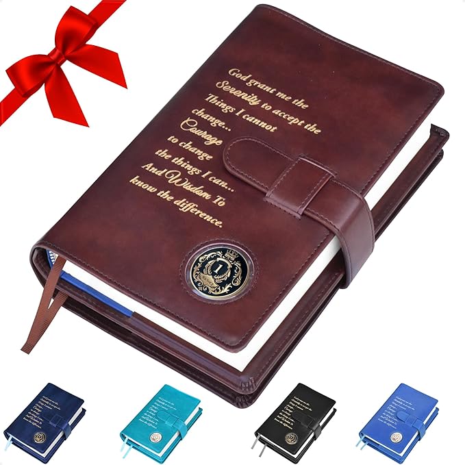 GALILEO® Double AA Big Book Cover & 12 Steps & 12 Traditions | AA Gift | Alcoholics Anonymous | PU Leather | Coin Holder | AA Book Covers for Hardcover (Serenity Prayer/Coin Pocket/Brown)