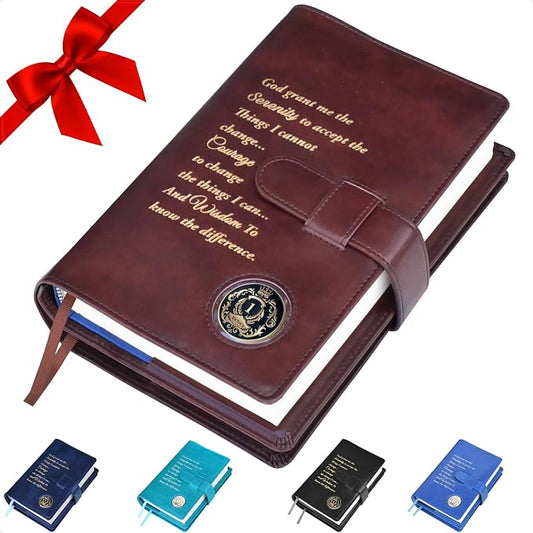 GALILEO® Double AA Big Book Cover & 12 Steps & 12 Traditions | AA Gift | Alcoholics Anonymous | PU Leather | Coin Holder | AA Book Covers for Hardcover (Serenity Prayer/Coin Pocket/Brown)