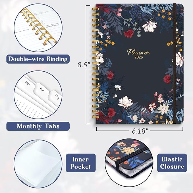 2026 Planner, A5 Weekly and Monthly Planners with Tabs, Spiral Bound Daily Calendar 2026 Planner, Agenda Organizers from Jan. to Dec., Hardcover Habit Tracker Journal 6.18" x 8.5"(Black Bloss)