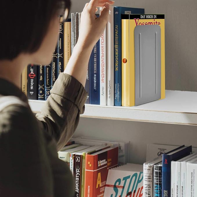Acrimet Bookends for Shelves, Heavy Duty Steel Metal Book Ends, Non-Skid Book Stopper, Book Storage Holder for Home, Library, Jumbo Large Size 9" H x 4" W x 4 1/2" D, (Silver) (1 Pair / 2 Pieces)