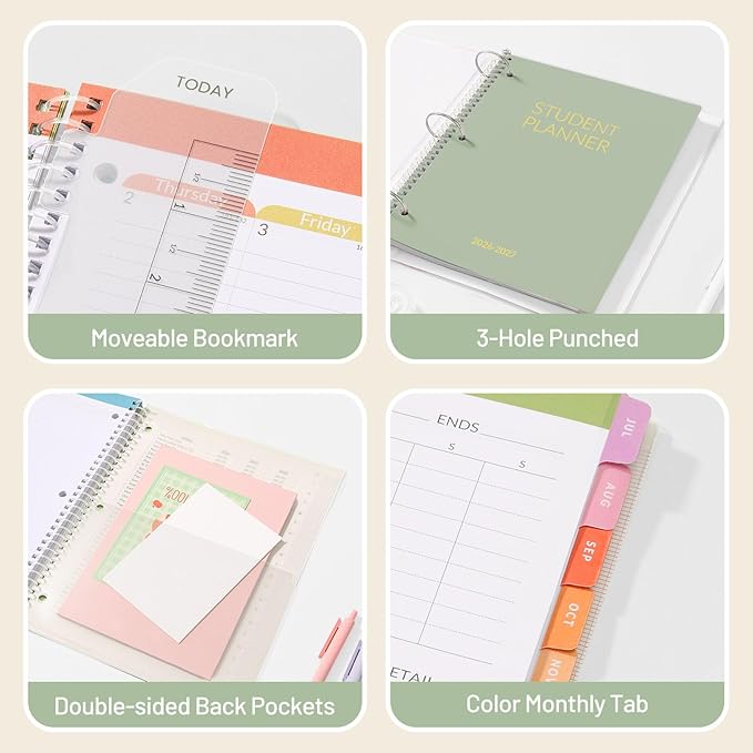Student Planner 2026-2027, SUNEE Academic Weekly & Monthly School Planner, Jul. 2026 - Jun. 2027, 8.5"×11" School Lesson Plan Book with Week's Goals, Bookmark, Monthly Tabs, 3-Hole Punched, Sage Green