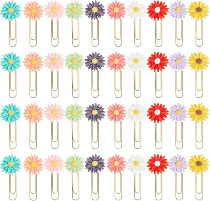 CHGCRAFT 40pcs Daisy Flower Paper Clips Bookmark Creative Elegant Resin Paperclips Note Clips Book Markers for Office, School, Home and Wedding Party Use