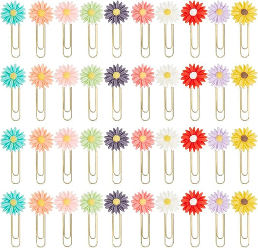 CHGCRAFT 40pcs Daisy Flower Paper Clips Bookmark Creative Elegant Resin Paperclips Note Clips Book Markers for Office, School, Home and Wedding Party Use