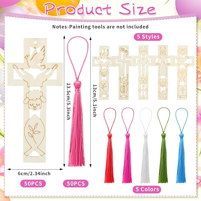 Yexiya 100 Pcs/ 50 Sets Christian Cross Crafts for Kids Wooden Religious Cross Bookmarks with Tassels for Baptism Sunday School Christian Religious Gifts for Vacation Bible Classroom and Church Events