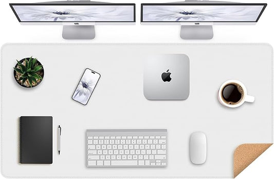 AFIING Cork Desk Mat 47" x 23.6", Dual-Sided Natural Cork & PU Leather Desk Pad, Non-Slip Waterproof Large Mouse Pad for Office, Home & Gaming (White)