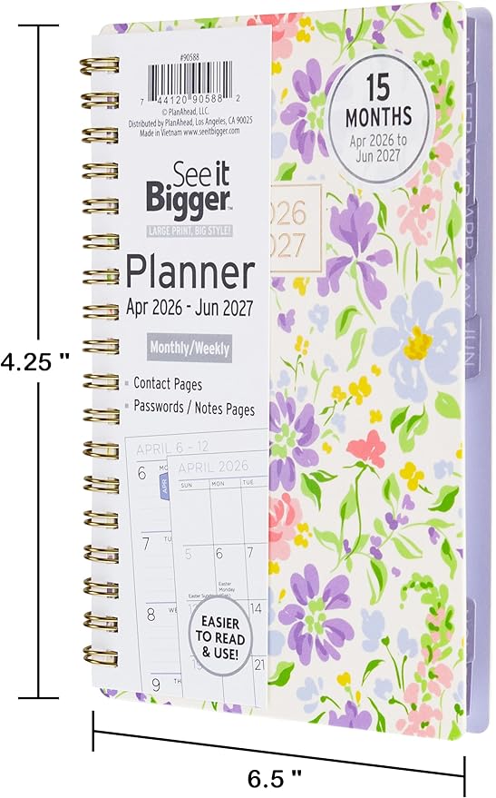 PlanAhead Small 2026 Planner - April 2026-June 2027 4.5"x6.5" 15 Month Weekly & Monthly Academic Planner with Tabs - Fashion Floral Design - Spiral Calendar Agenda for School, Work, & Office