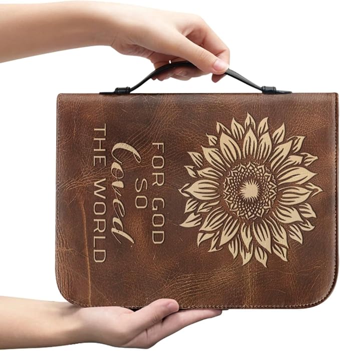 Retro Style Cross Sunflower Bible Case with Bookmark Waterproof Bible Cover Case for Women Lightweight Bible Bag with Handle Pockets Church Book Bag Brown