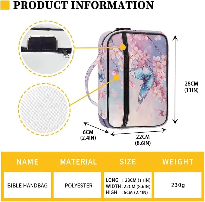 Butterfly Pink Blossom Print Bible Covers for Women Men Zippered Bible Carrying Case Bible Carrier Book Bag Church Bag Bible Protective with Handles