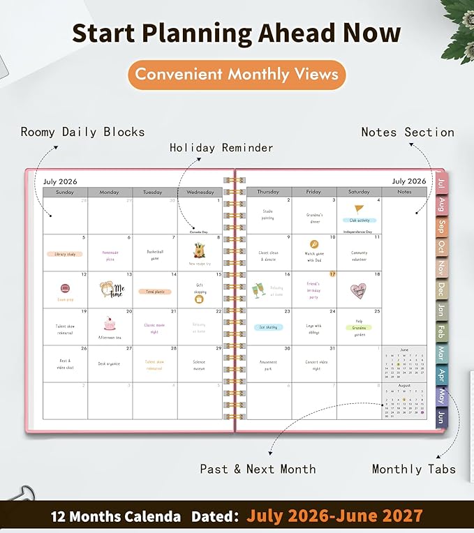 Academic Planner 2026-2027, Weekly and Monthly Calendar Planner from July 2026 - June 2027, 6.1" x 8.2" A5 Large Daily Agenda Book with Tabs, Flexible Cover, College School Organizer for Student Teacher,Pink