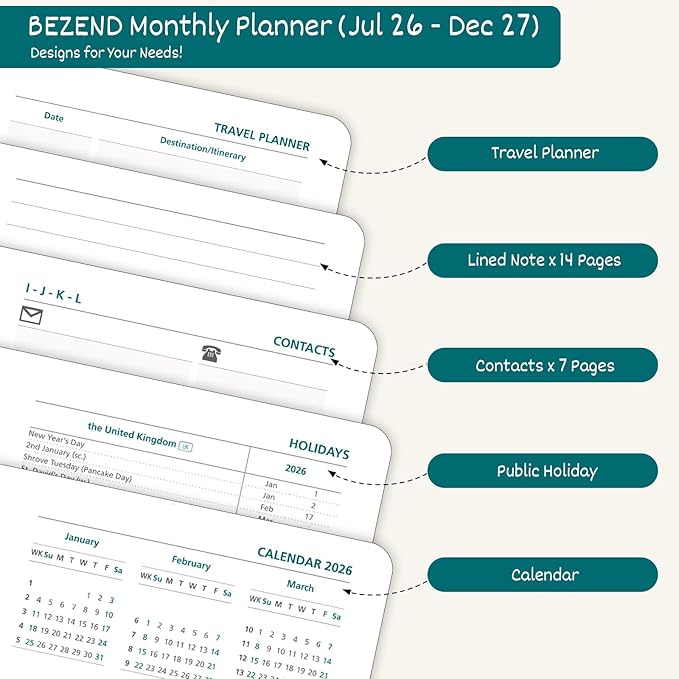 BEZEND Pocket Monthly Planner 2026 2027 Extra Thin & Light (Slim 3.5" x 6.5"), 18-Month Academic Mini Calendar (Jul 26 - Dec 27), Ideal for Students & Professionals, PU Leather Softcover - Black