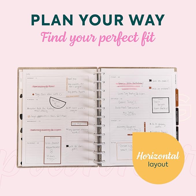 Happy Planner Disc-Bound Academic Planner July 2025 - June 2026 Daily, Weekly and Monthly - 3 Bonus Months, Big Size, 8.5” x 11”, Horizontal Layout, Onyx & Sand