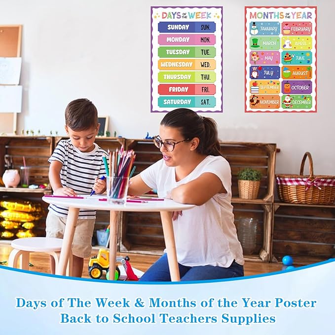D4DREAM Days of The Week Poster for Kids - 2Pcs Laminated Months of the Year Poster for Classroom Decorations Toddler Learning Posters for PreK Kindergarten Homeschool Nursery Daycare Essentials