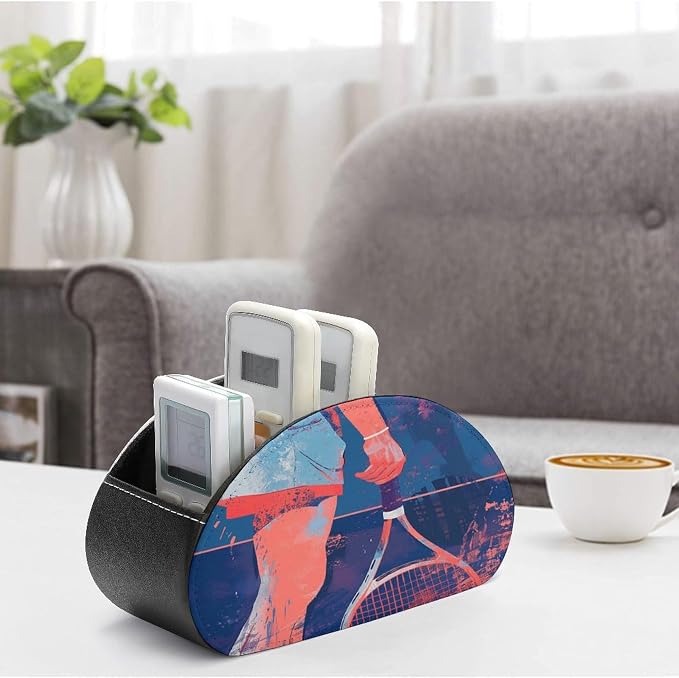 Remote Control Holder,Holding A Tennis Racket Printed PU Leather Remote Caddy Desktop Organizer with 5 Compartments for Media Accessories & Office Supplies Storage