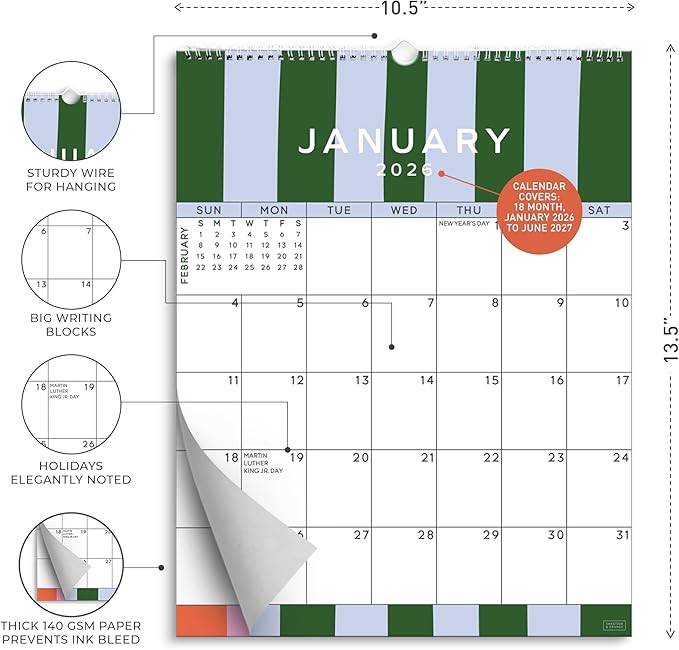 S&O Palm Beach Wall Calendar from January 2026-June 2027 - Tear-Off Monthly Calendar - 18 Month Academic Wall Planner - Hanging Organizer to Track Anniversaries & Appointments - 13.5"x10.5”in