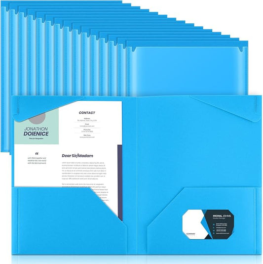Henoyso 36 Pack Lake Blue Plastic Folders with Clear Front Pockets Heavy Duty File Folders with 2 Pockets and Card Slot for Student Communication School Office Presentation Report