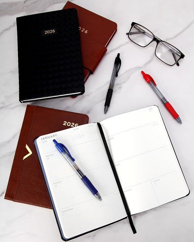 WORLD TRAVELER 2026 Planner - 6x8 Inch Weekly and Monthly Calendar Planner Agenda Book with Bookmark & Ribbon for School and Office, Size 6X8, Black Leather