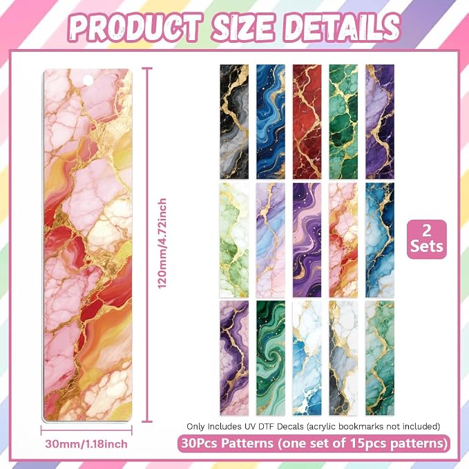 Peacoblue 30pcs UV DTF Bookmarks Transfer Stickers Wraps Marble Pattern for Women Men Reading, Waterproof Bookmarkers Decal(No Blank Bookmarks) for Acrylic Plastic Metal Blank Bookmark