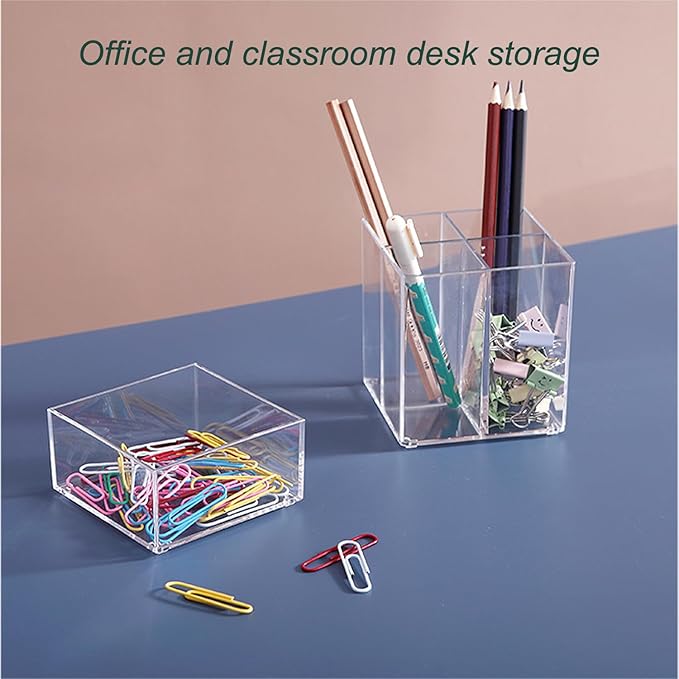 Clear Acrylic Pencil Pen Dry Erase Marker Holder Cup, Makeup Brush Holder Acrylic Desk Accessories, Plastic Silverware Utensil Holder for Office, Party Bedroom Bathroom Dorm (Clear, 4 Compartments)