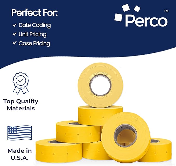 Perco 2 Line Yellow Labels - 8 Rolls, 1 Sleeve, 6,000 Blank Price and Date Gun Labels for Perco 2 Line Price and Date Guns - Made in USA
