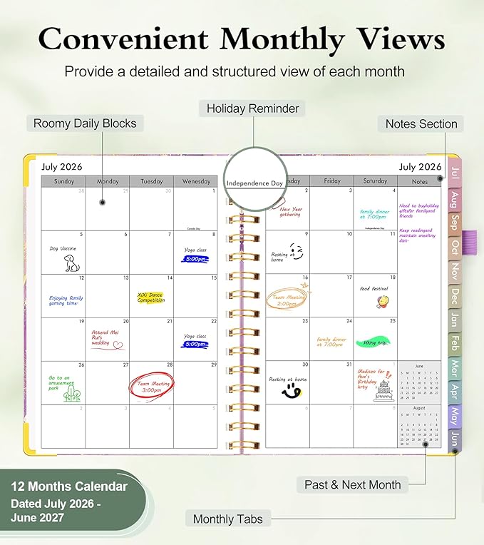 Academic Planner 2026-2027, Hardcover Weekly and Monthly Calendar Planner from July 2026 - June 2027, Daily Agenda Planners with Tabs, College School Organizer for Student Teacher, A4 (8.5" x 11"), Purple Marble