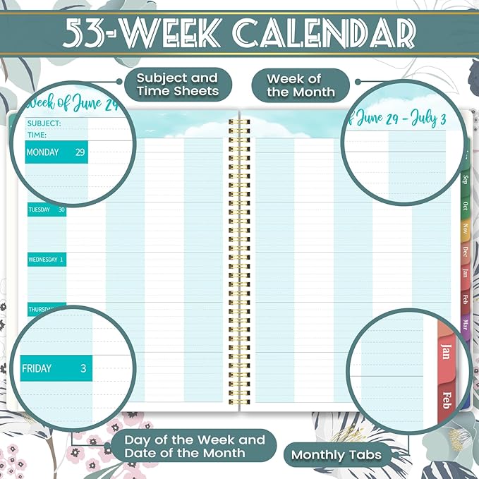 Teacher Planner 2026-2027 - 2026-2027 Weekly & Monthly Lesson Plan Book with Colorful Tabs, July 2026 - June 2027, 8.3" x 11", Academic Planner 2026-2027 with Twin-Wire Binding and Quotes for Teachers - Petunia