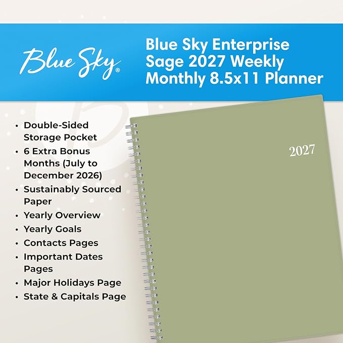 Blue Sky 2027 Weekly and Monthly Planner Calendar, Includes January 2027 - December 2027, 8.5" x 11", Flexible Cover, Wirebound, Laminated Tabs, Storage Pocket, Enterprise Sage Green