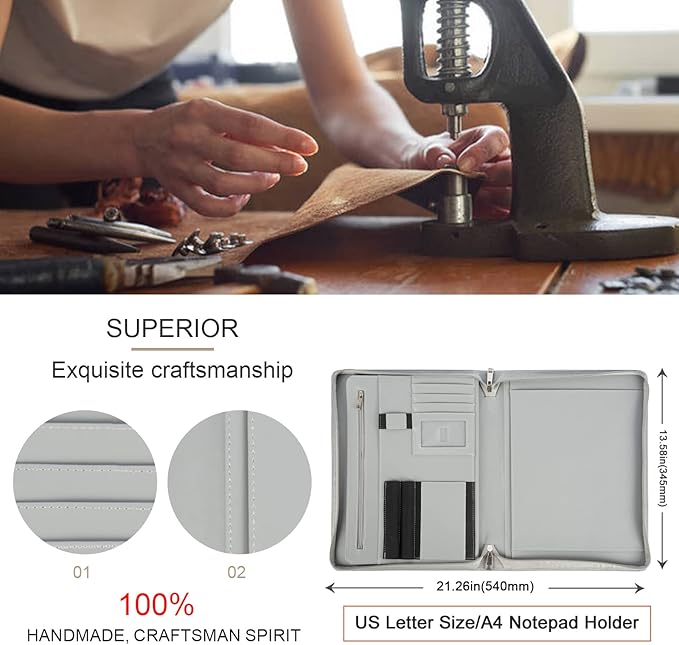 Personalized Leather Portfolio with Zipper, Professional Business Padfolio with A4/US Letter Writing Pad Holder for Interview, Resume Folder for Men and Women, Gray
