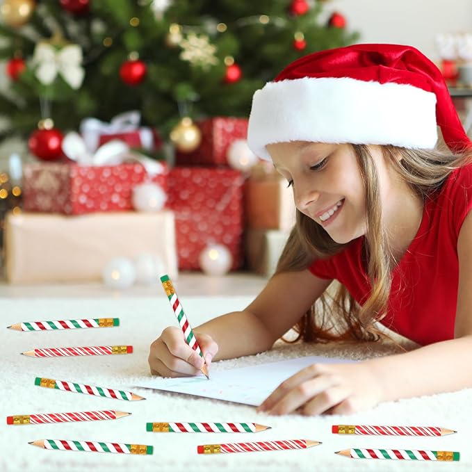 JarThenaAMCS 50Pcs Christmas Short Pencil with Eraser 4 in Red Green Stripe Writing Pencil Wood Xmas Winter Half Pencils for Classroom Office Stationery Gift