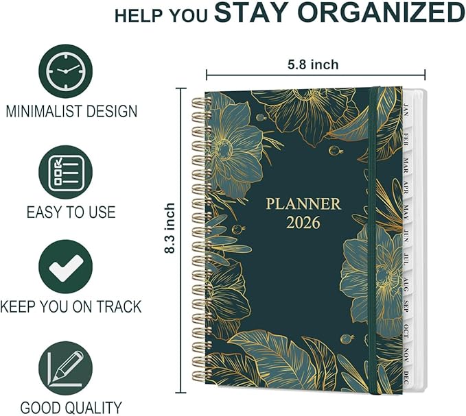 2026 Planner - Weekly and Monthly Planner Calendar from January 2026 to December 2026, Planning Agenda with Tabs & Inner Pocket, Spiral Bound for School/Office Supplies, 5.8'' × 8.3'', Green Gold Floral