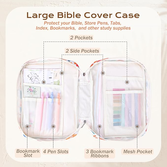 XKDOUS Bible Cover for Women Church Book Holder Canvas Patchwork Carrying Case with Handle, Study Supplies Carrier Portable Bible Bag Journaling Kit Christian Gifts for Mom, Friends
